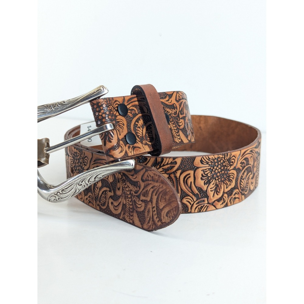 Roper Womens Floral Embossed Leather Western Belt Tan Brown Small 28/30 NEW